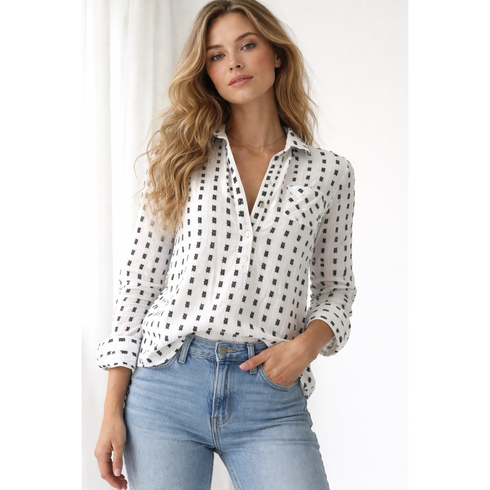 Merona Embroidered Long Sleeve Button Down Shirt Black White Cotton Size S
